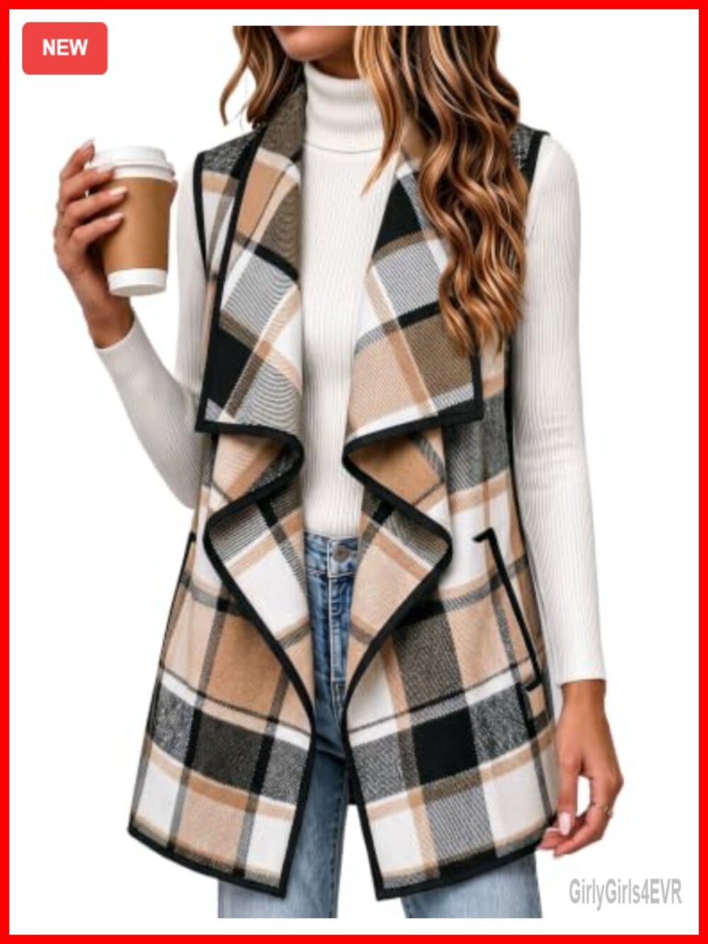 Women Flannel Plaid Vest Sleeveless Long Jacket with Pockets